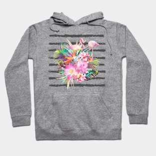 Tropical floral leaves and flamingos stripes Hoodie